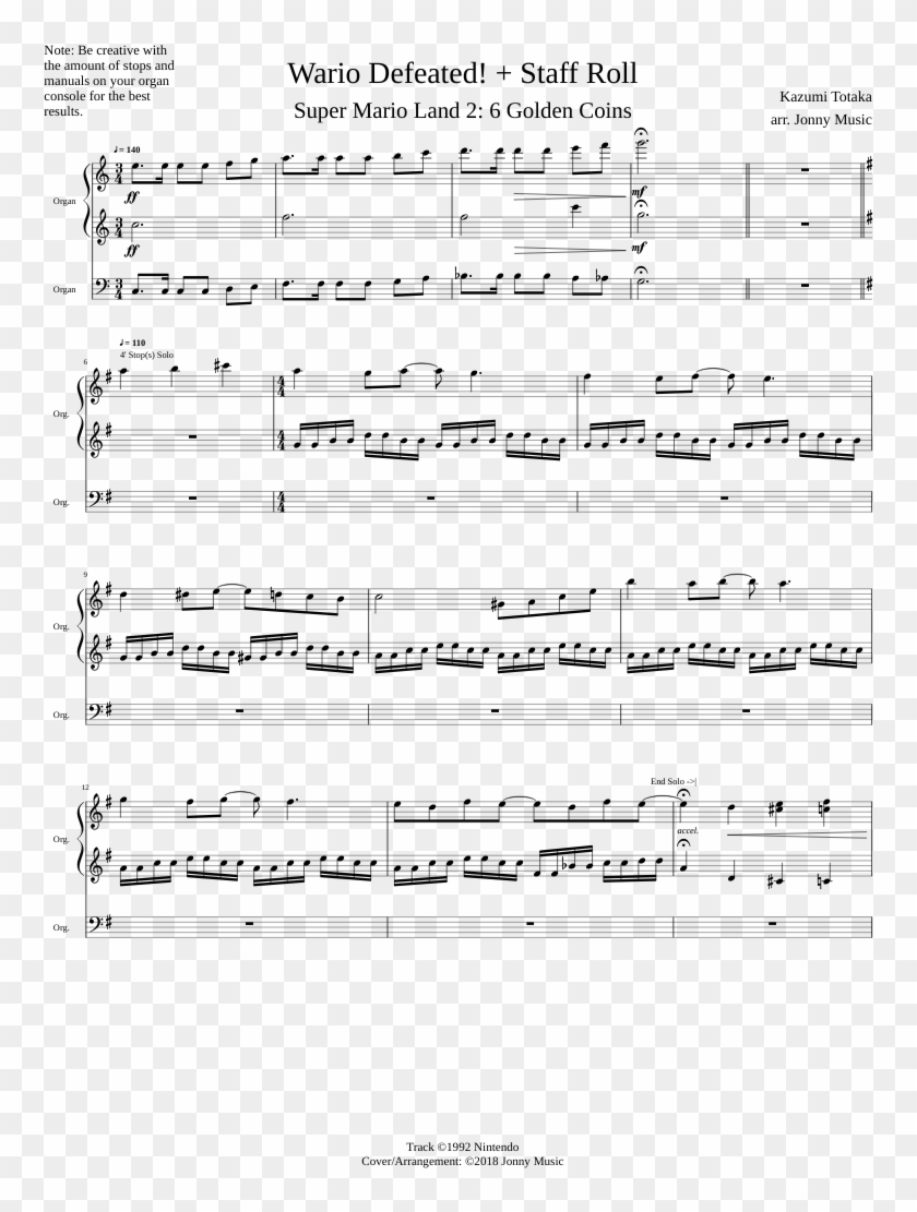Wario Defeated Staff Roll Super Mario Land 2 Organ - Sheet Music Clipart #1768572