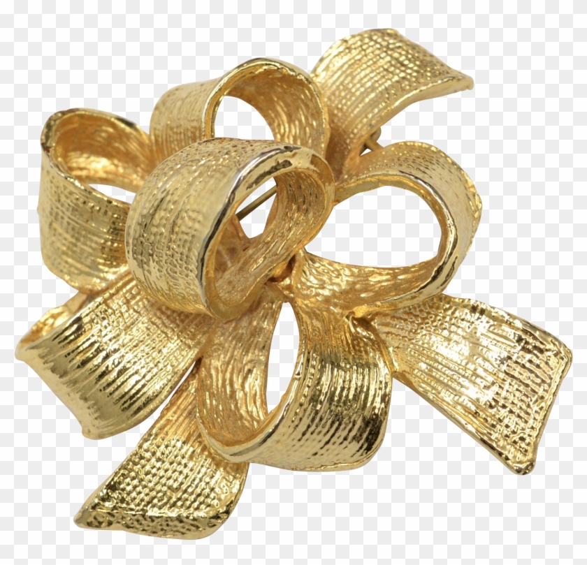 Heavy Gold Plated Christmas Ribbon Bow Textured Brooch - Brass Clipart #1789111