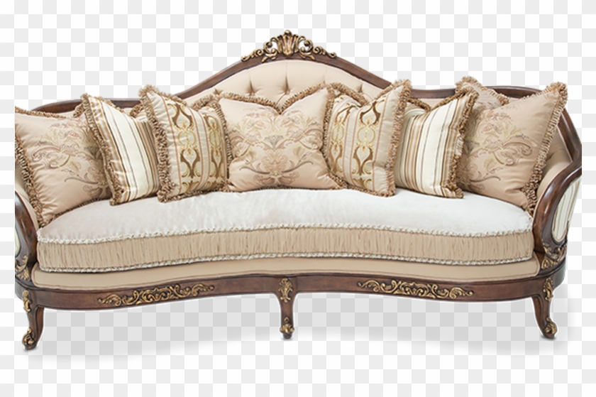 Carved Wood Frame Gold Leaf Accents Beige Fabric Standard - Studio Couch Clipart