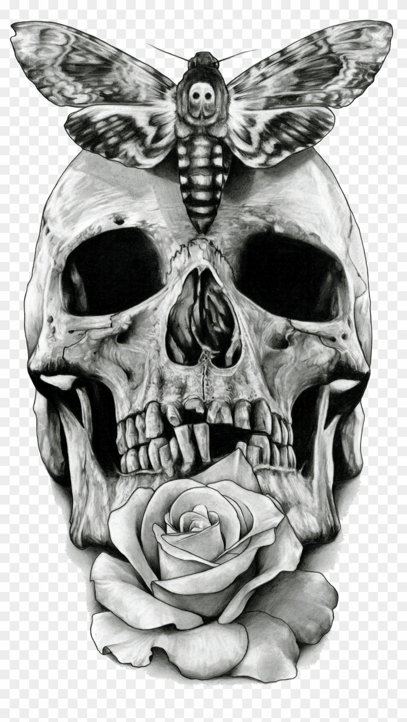 Moth On Skull Print - Black And White Skull Iphone Clipart