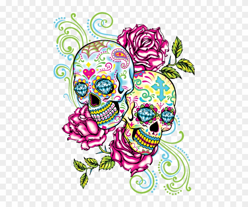 Two Skulls Roses Neon Tattoo Pinterest - Sugar Skulls And Roses Clipart