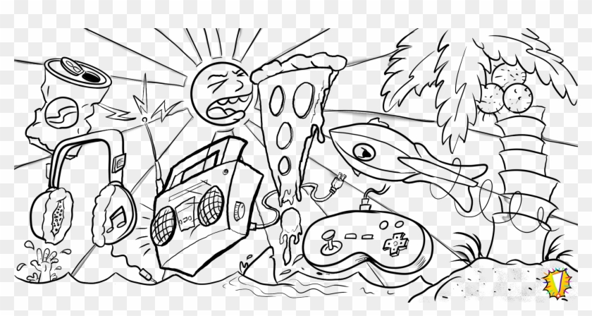 Epic Beach Doodle - Line Art Clipart #187098