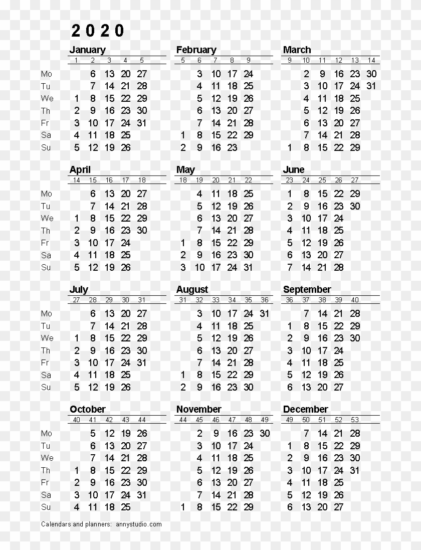 2020 Calendar Png Download Image - 2020 Calendar With Week Numbers Clipart