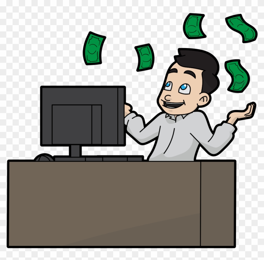 Cartoon Man Enjoying His Flying Online Money - Cartoon Clipart