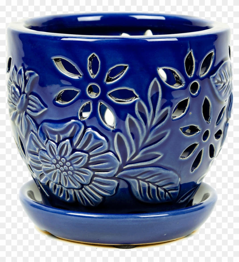 Vintage Floral Orchid Planter - Blue And White Porcelain Clipart