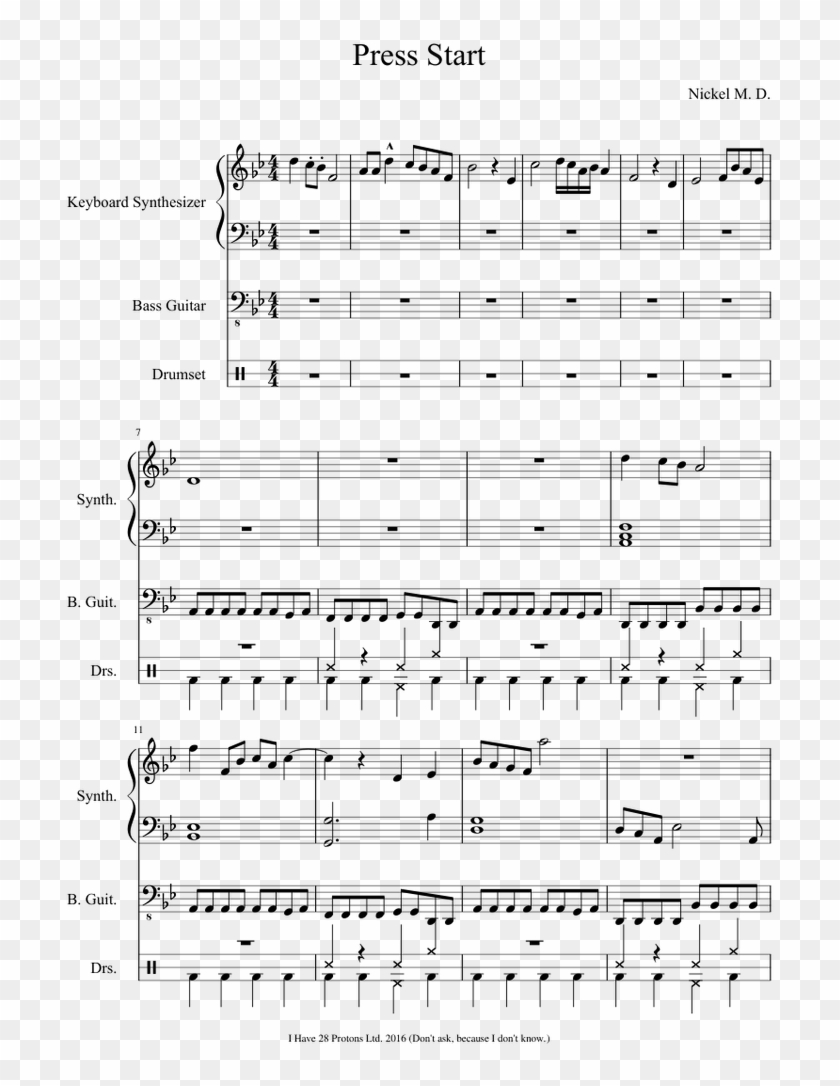 Press Start Sheet Music For Synthesizer, Bass, Percussion - Press Start Piano Sheet Music Clipart