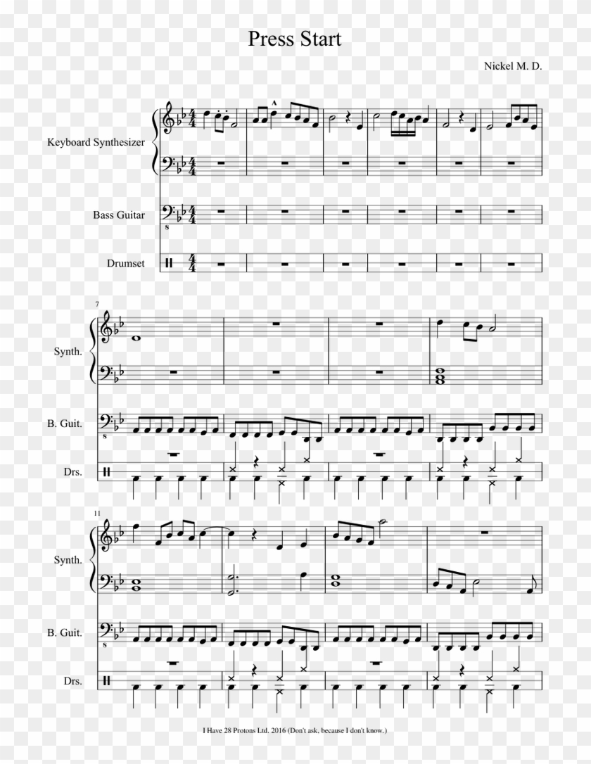 Press Start Sheet Music For Synthesizer, Bass, Percussion - Press Start Piano Sheet Music Clipart #1901695