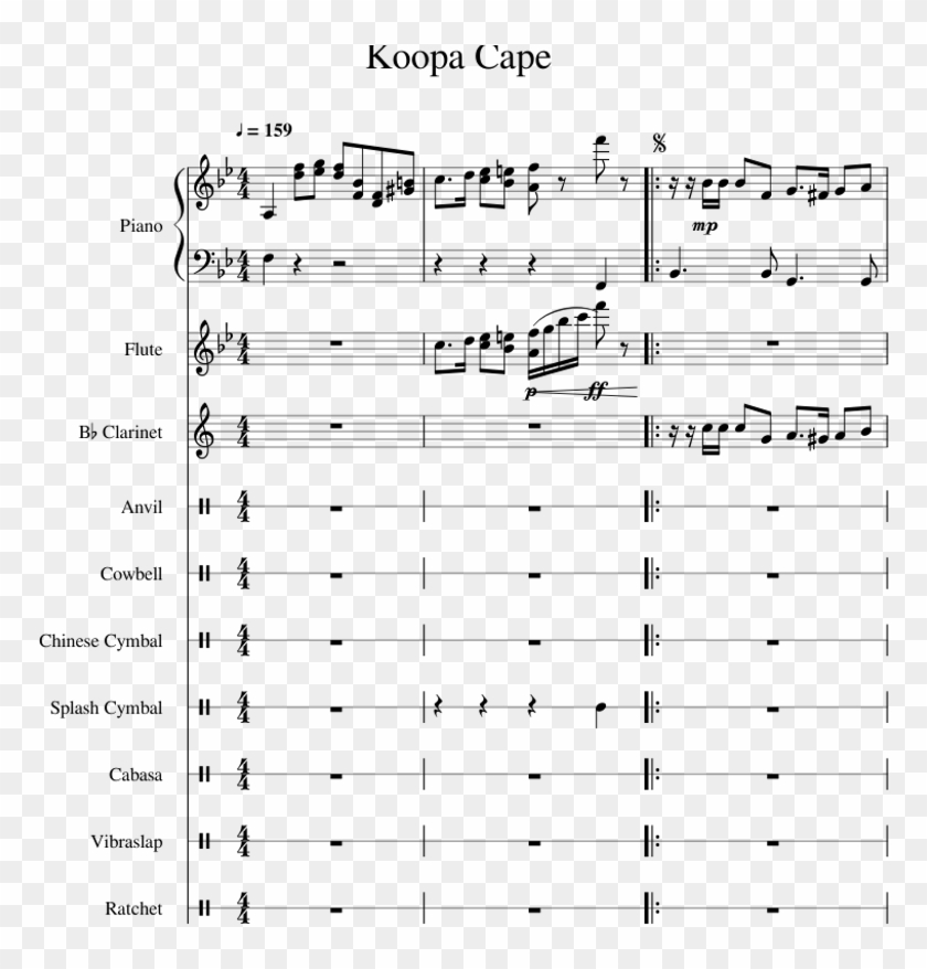Koopa Cape Sheet Music For Piano, Flute, Clarinet, Clipart #1903891