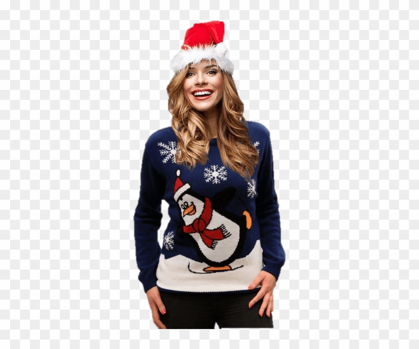 Jersey Navideño Mujer Pingüino Azul Marino Gorro Papa - Sueter Navideño De Pareja Clipart #1910231