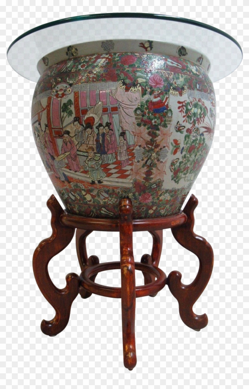 Vintage Asian Pottery Fish Bowl Stand Lamp End Table - Antique Clipart