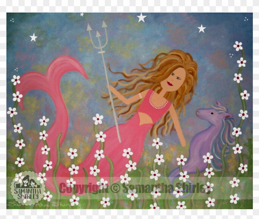 Kids Art Print Of Mermaid & Sea Horse Painting - Cartoon Clipart