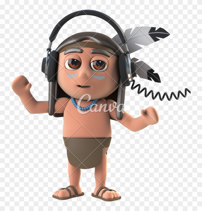 D Funny Indian Character Wears Headphones - Native American Question Mark Clipart