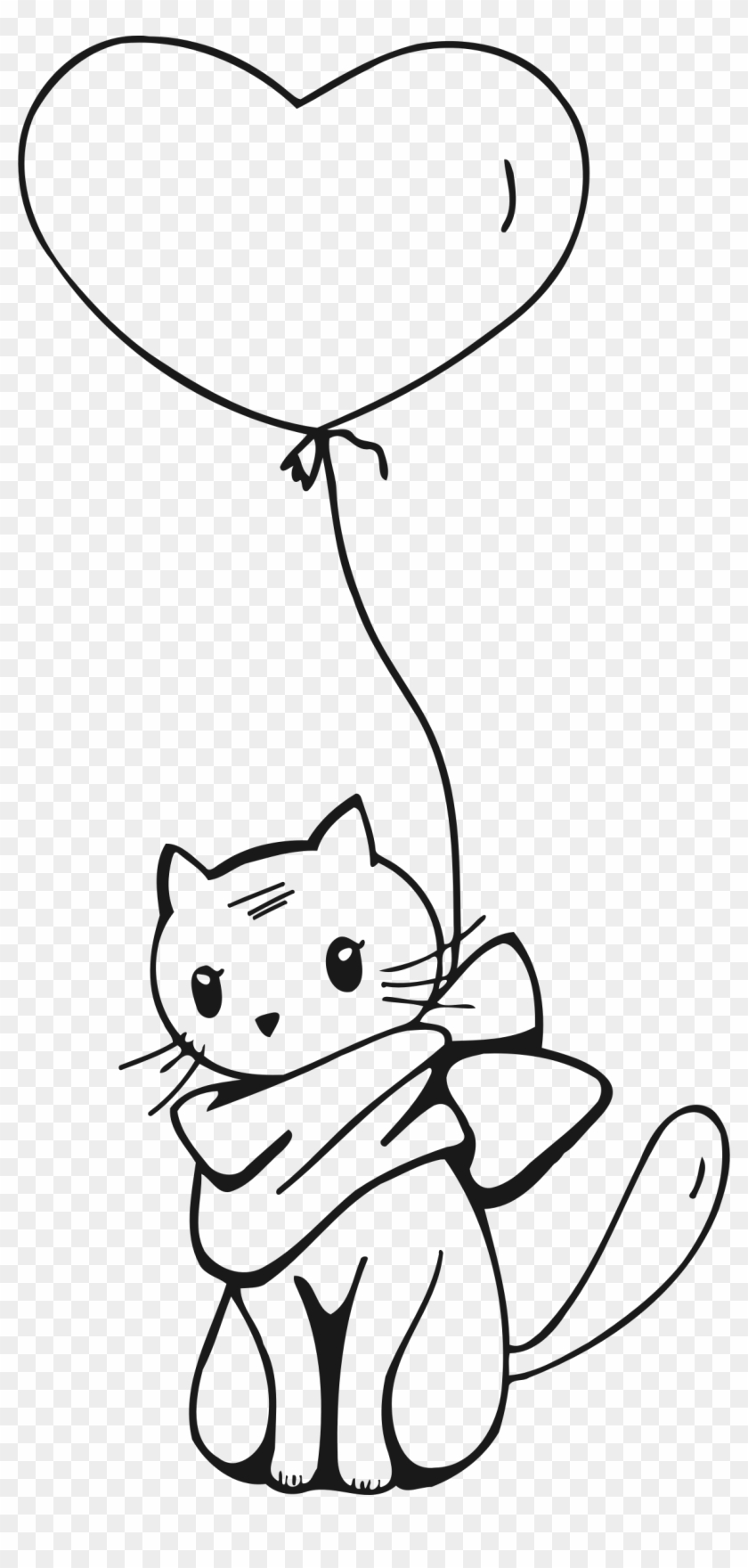 Cat And Balloon Picture Black And White - Outline Drawings Of Cats Clipart #1943384