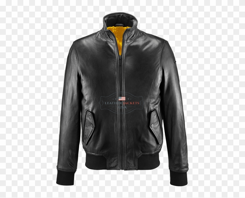 Funnel Neck Black Bomber Leather Jacket - Luxury Leather Jacket Clipart