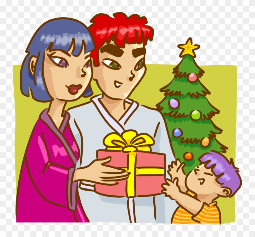 Vector Illustration Of Family On Christmas Morning - Cartoon Clipart