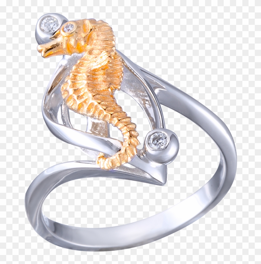 14k Two-tone Single Seahorse Ring With 3 Diamonds - Northern Seahorse Clipart #200865