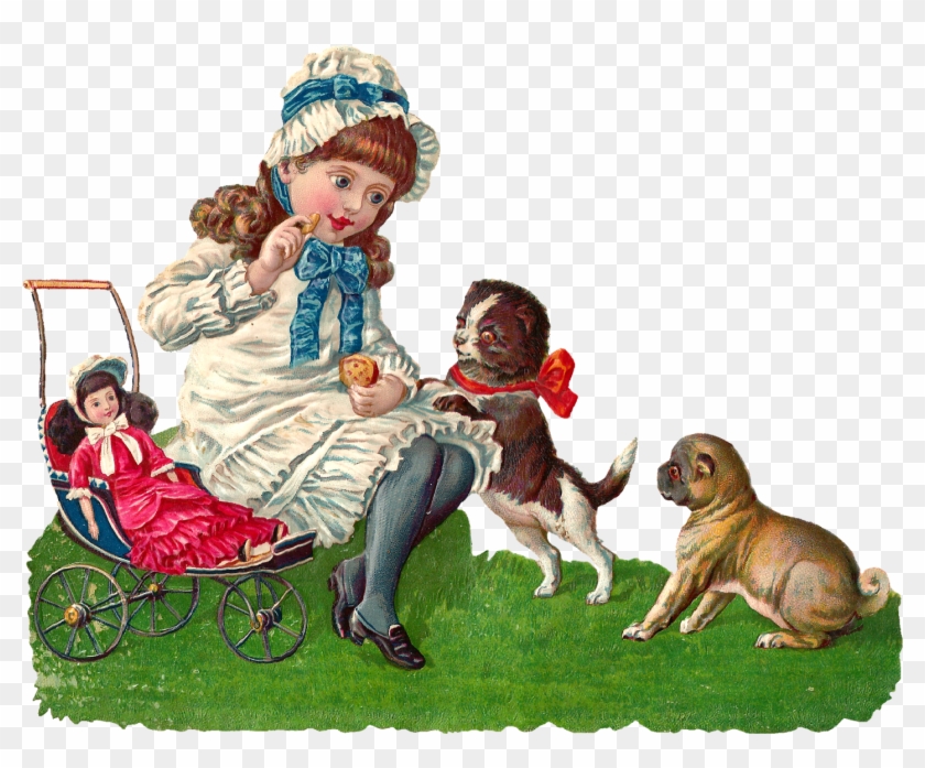 Girl Playing With Dogs And Doll Clip Art - Buon Sabato Vintage - Png Download