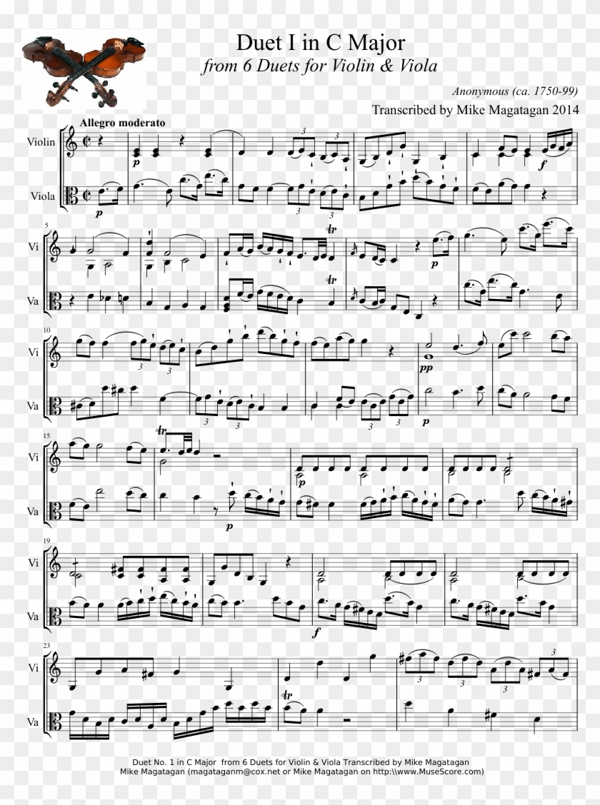 Duet I In C Major From 6 Duets For Violin & Viola - Sheet Music Clipart