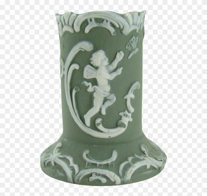 Green Jasperware Toothpick Holder With Angel Chasing - Figurine Clipart
