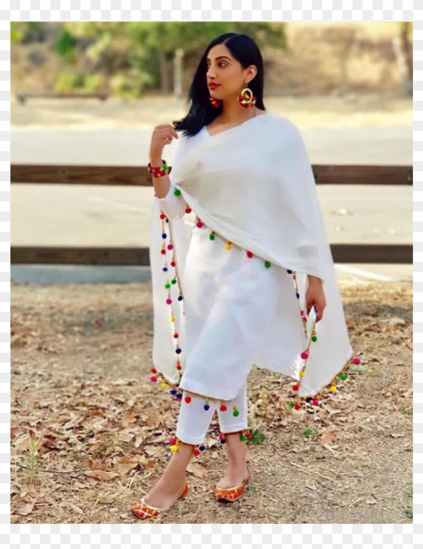 New White Color Pom Pom Cotton Salwar Suit - White Salwar Suit For Women Clipart