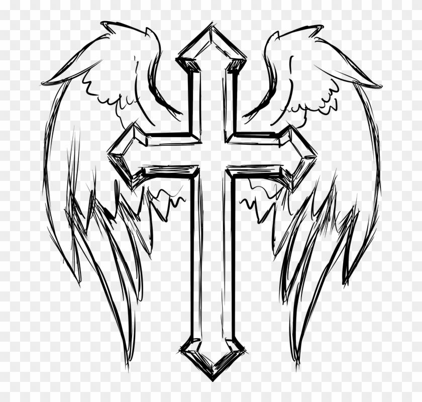 Catholic Christ Christian Church Cross Crucifix - Cross With Wings Drawing Clipart #2108670