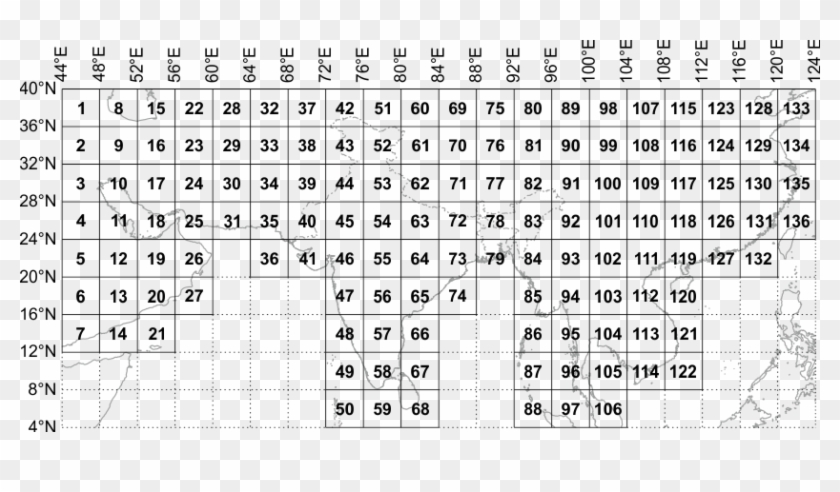 India And Adjacent Countries Map Numbering 4°×4° Index - Times Table Grid Clipart