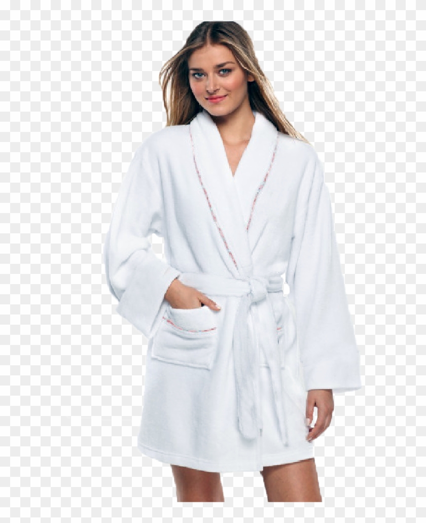 100% Cotton Women's White Short Robe W/ Pockets - Overcoat Clipart