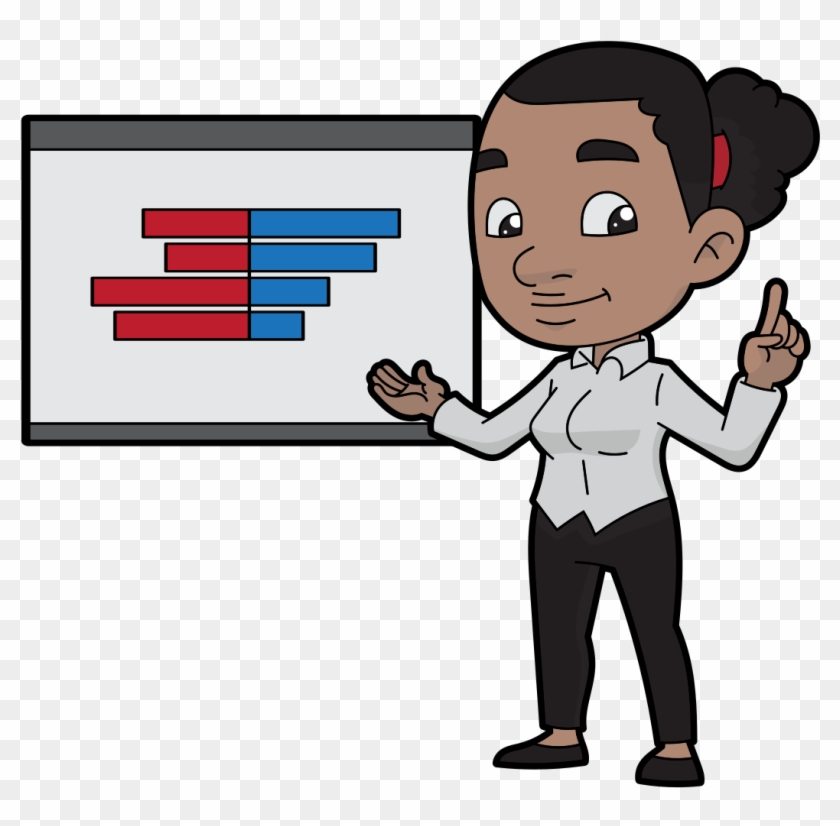 Cartoon Black Woman Presenting A Comparison Bar Chart Clipart