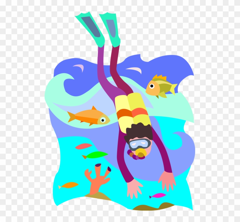 Vector Illustration Of Scuba Diver Diving Coral Reef Clipart