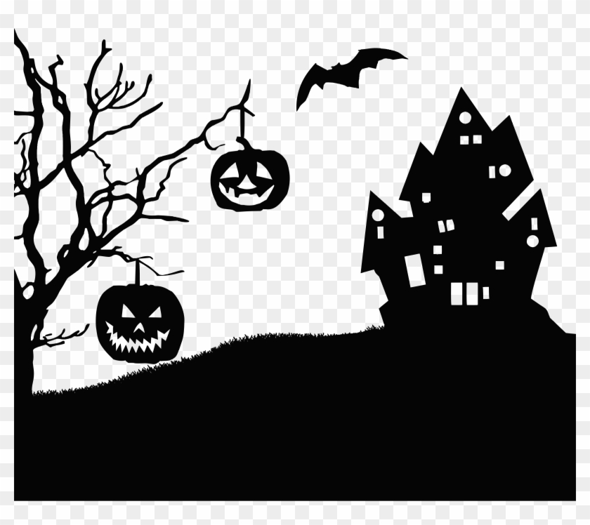 Halloween Landscape Silhouette Clip Black And White - Silhouette Halloween Pumpkin Clipart - Png Download