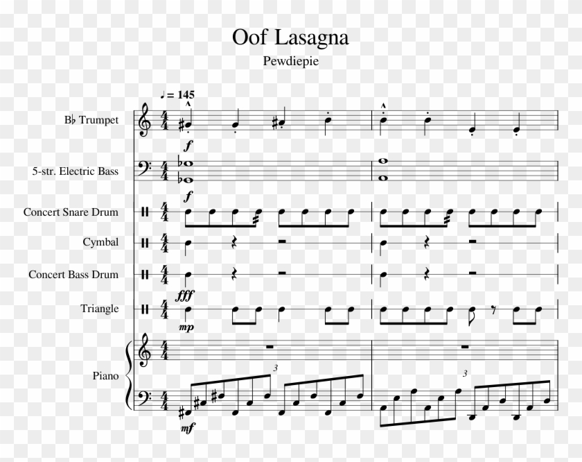 Oof Lasagna Sheet Music For Piano, Trumpet, Bass, Percussion - Sheet Music Clipart
