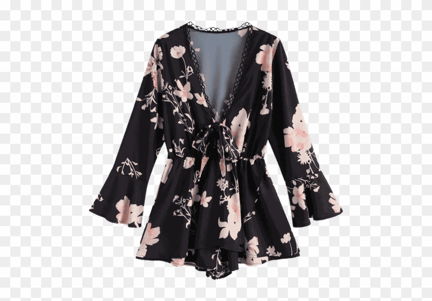 Flower Print Flare Sleeve Romper Black - Romper Suit Clipart #2256289