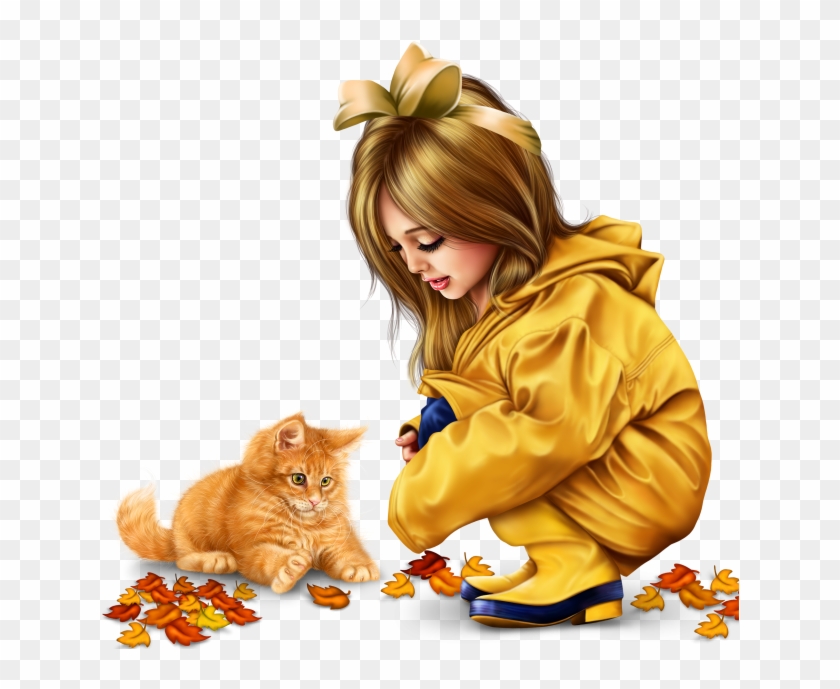 Little Girl In Raincoat With A Kitty Png - Psp Tubes Automne Clipart