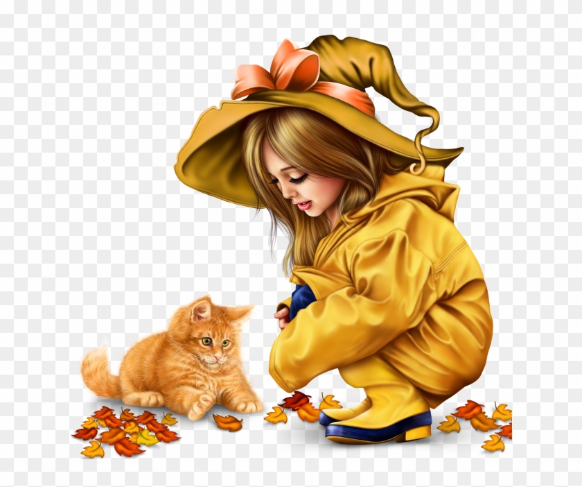 Little Girl In Raincoat With A Kitty Png - Psp Tubes Automne Clipart