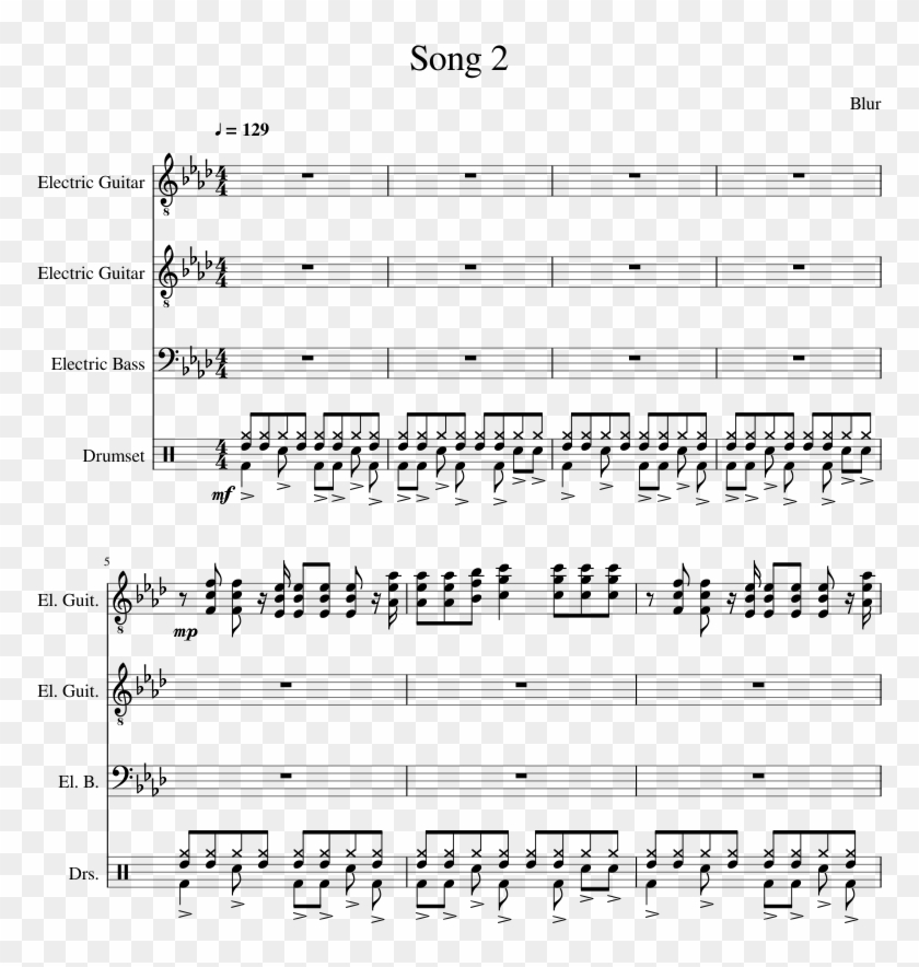 Song 2- Blur Sheet Music For Bass, Guitar, Percussion - Sheet Music Clipart #2285279