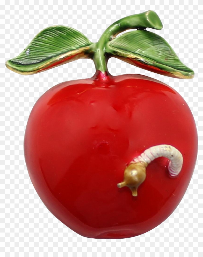 Vintage Original By Robert Enamel Apple With Worm Brooch - Fruit Clipart