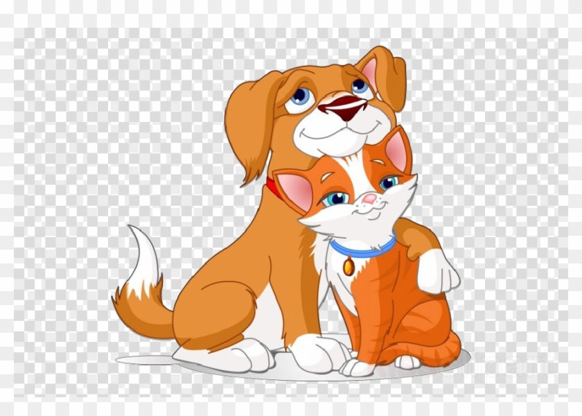 Cartoon Dog Hugging Cat Clipart Dog Puppy Cat - Png Download
