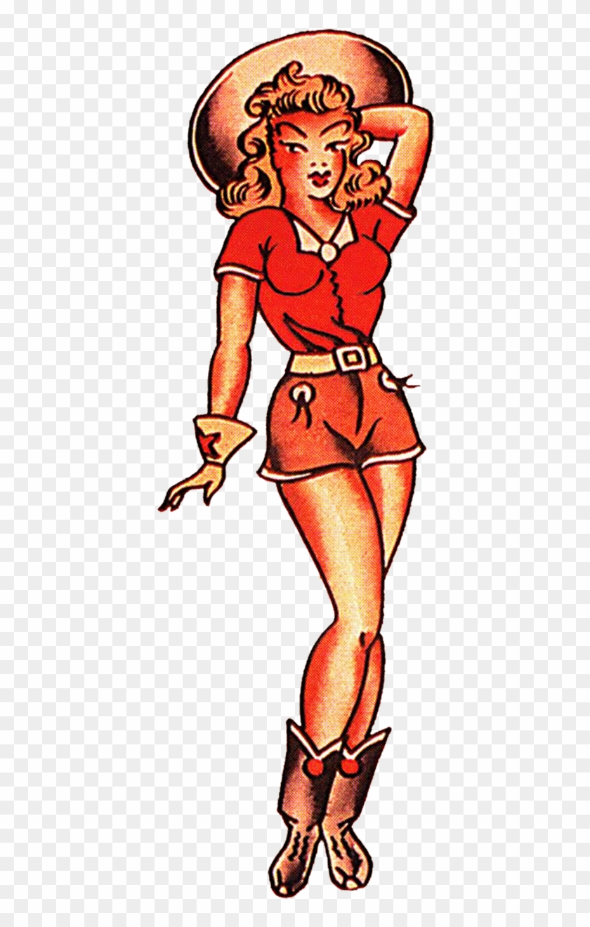 Sailor Jerry Vintage Tattoo Designs, Red Cow Girl, - Traditional Classic Pin Up Girl Tattoo Clipart