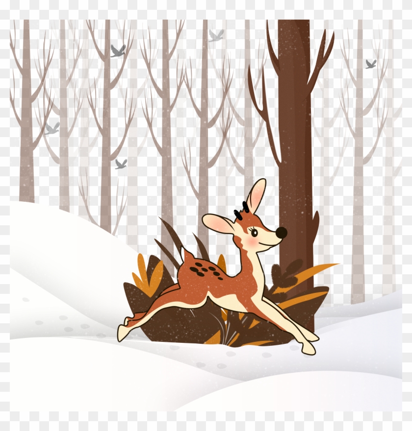 Fawn Running Deer Snow Winter Png And Psd - Psd Clipart #2358293