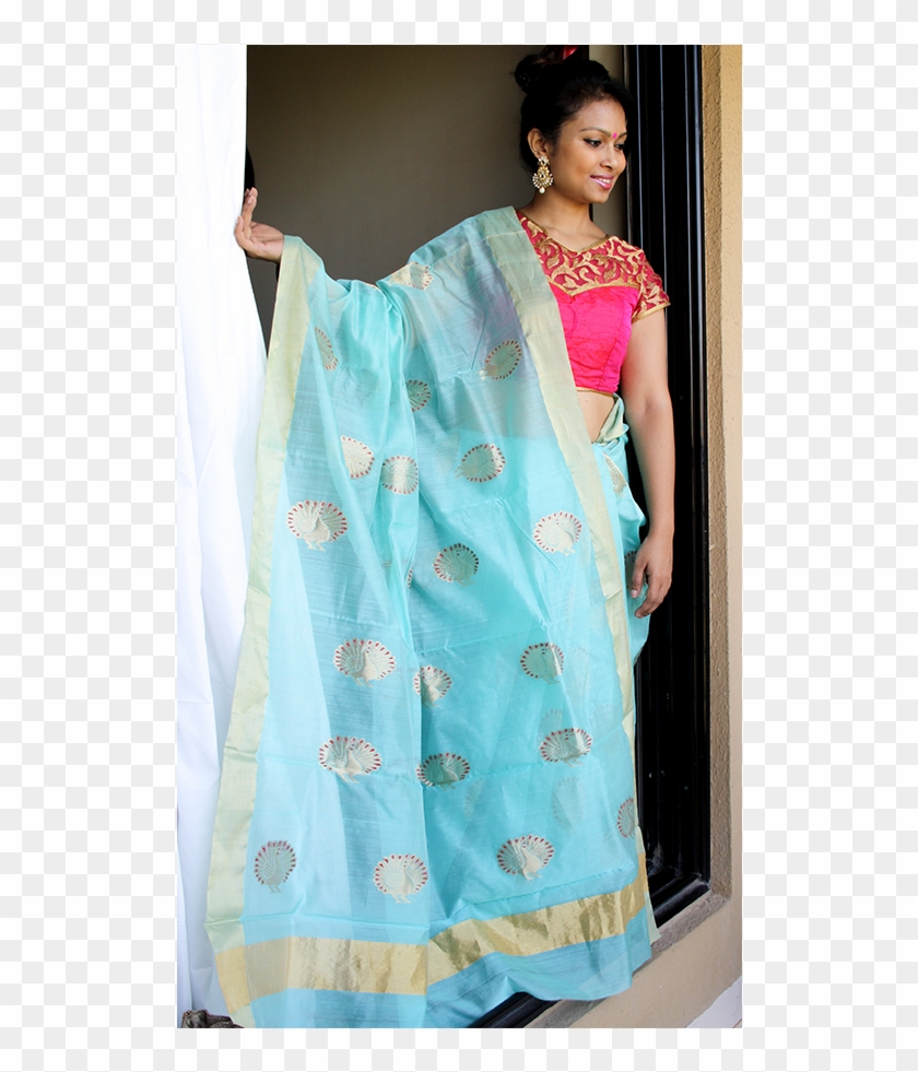 Chanderi Silk Saree In Turquoise With Large Motifs - Silk Clipart