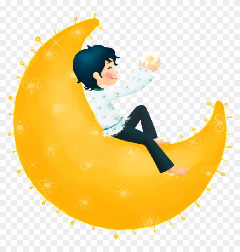 Hand Drawn Boy Sitting On Moon, Transparent - Moon Boy Cartoon Clipart #2372544