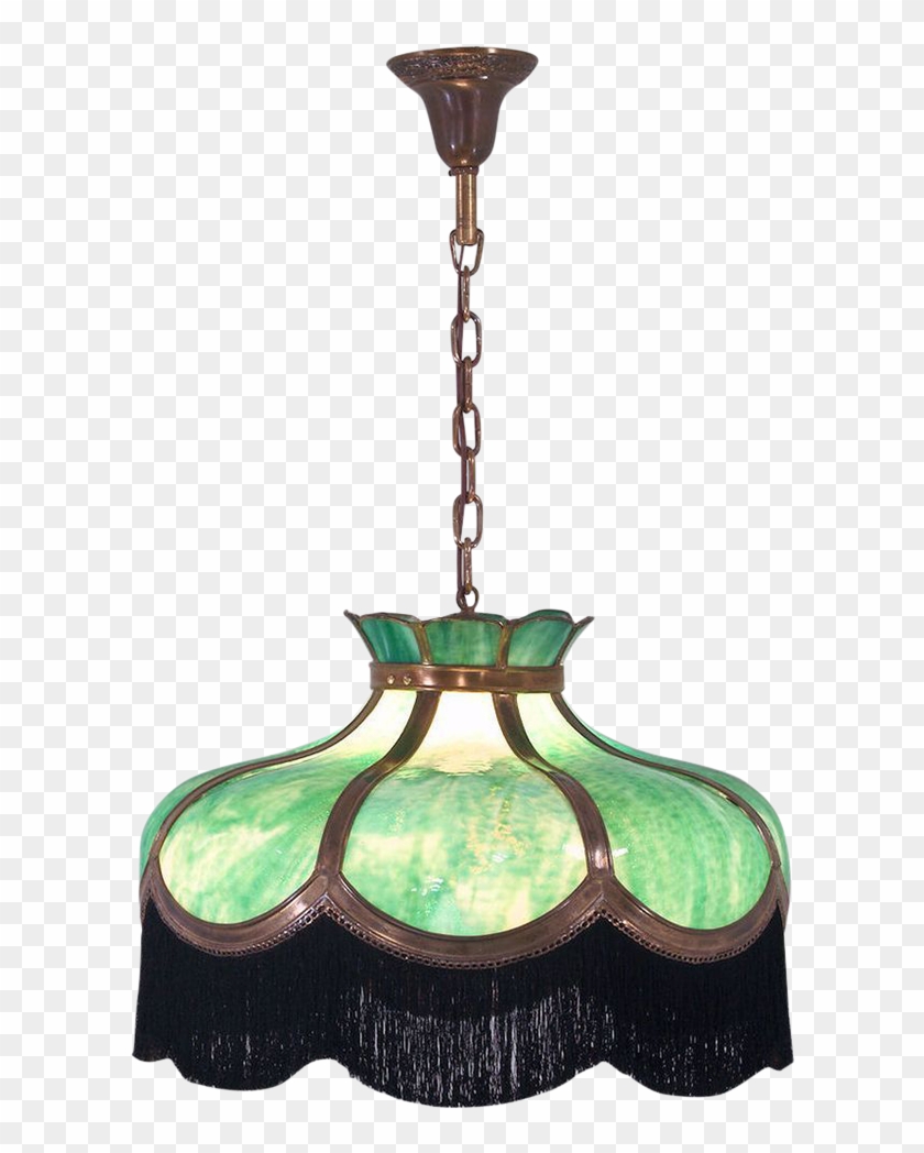 Antique Bent Green Slag Glass & Brass Hanging Light - Ceiling Fixture Clipart
