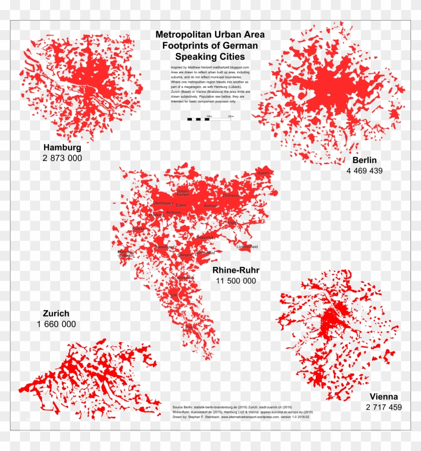 Metropolitan Urban Area Footprints Of German Speaking - Urban Footprint Cities Comparison Clipart
