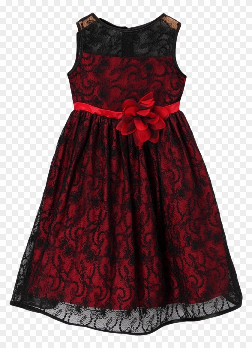 Red Satin With Black Floral Lace Overlay Occasion Dress - Moda Infanto Juvenil Para Festa Clipart