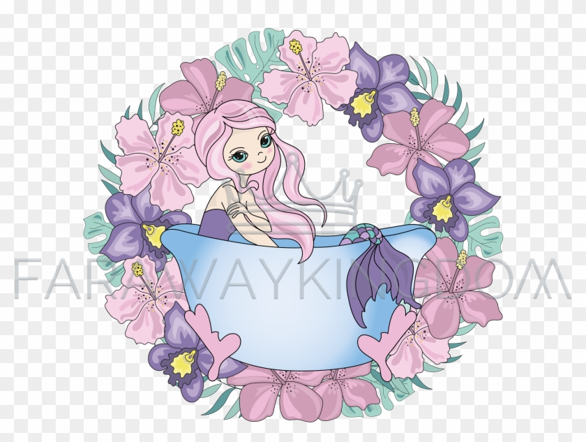 Batting Mermaid Princess Girl Wreath Vector Illustration - Illustration Clipart
