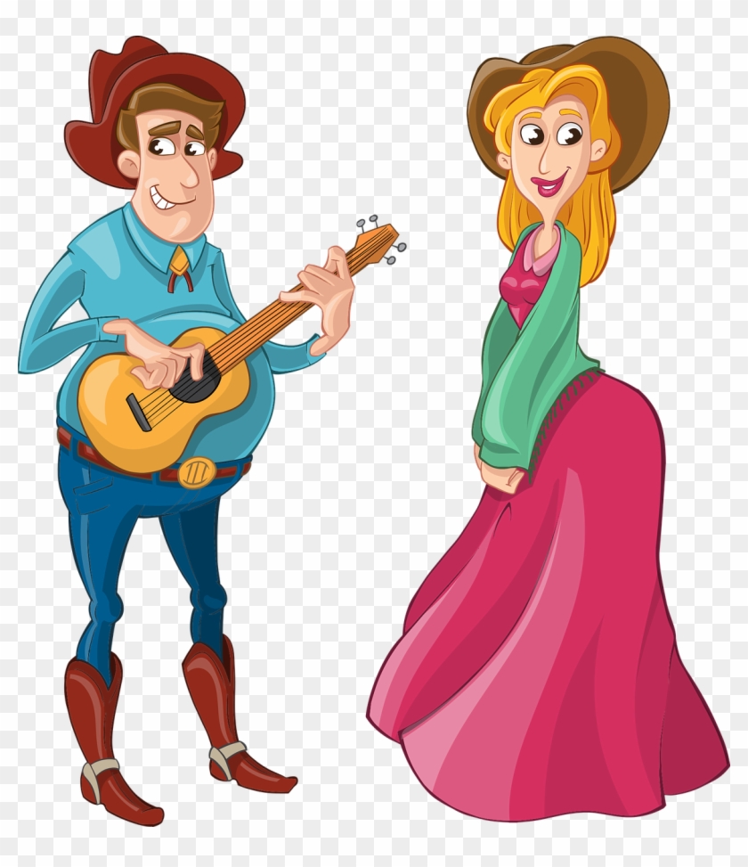 Cowboy Guitar Girl Western Png Image - Singer Couple Cartoon Clipart #2499847