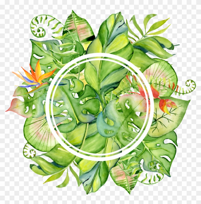 Hand Painted Bright Green Leaves Wall Png Transparent - Tropical Leaves Frame Png Clipart