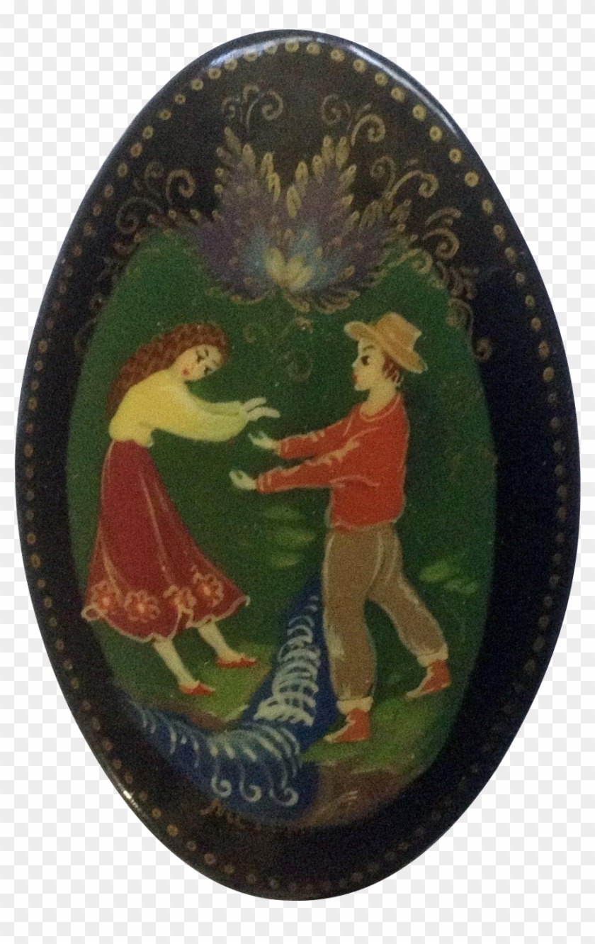 Vintage Russian Hand Painted Black Lacquer Oval Brooch - Visual Arts Clipart