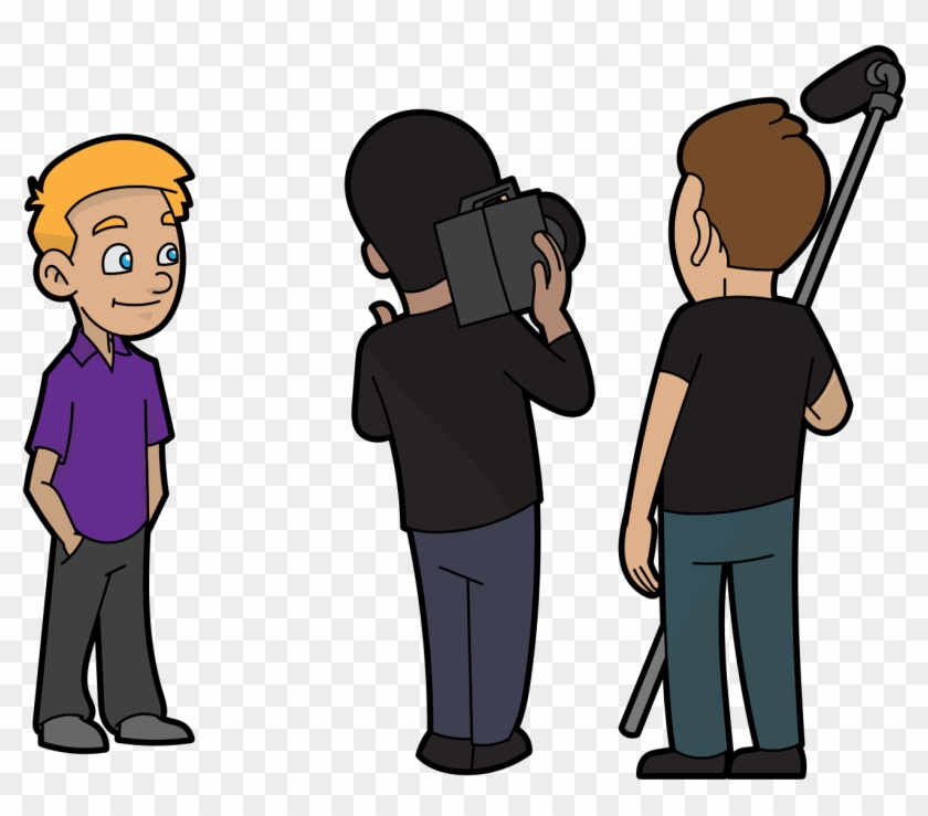 Cartoon Guy Being Filmed By A Camera Crew For A Marketing - Cartoon Clipart