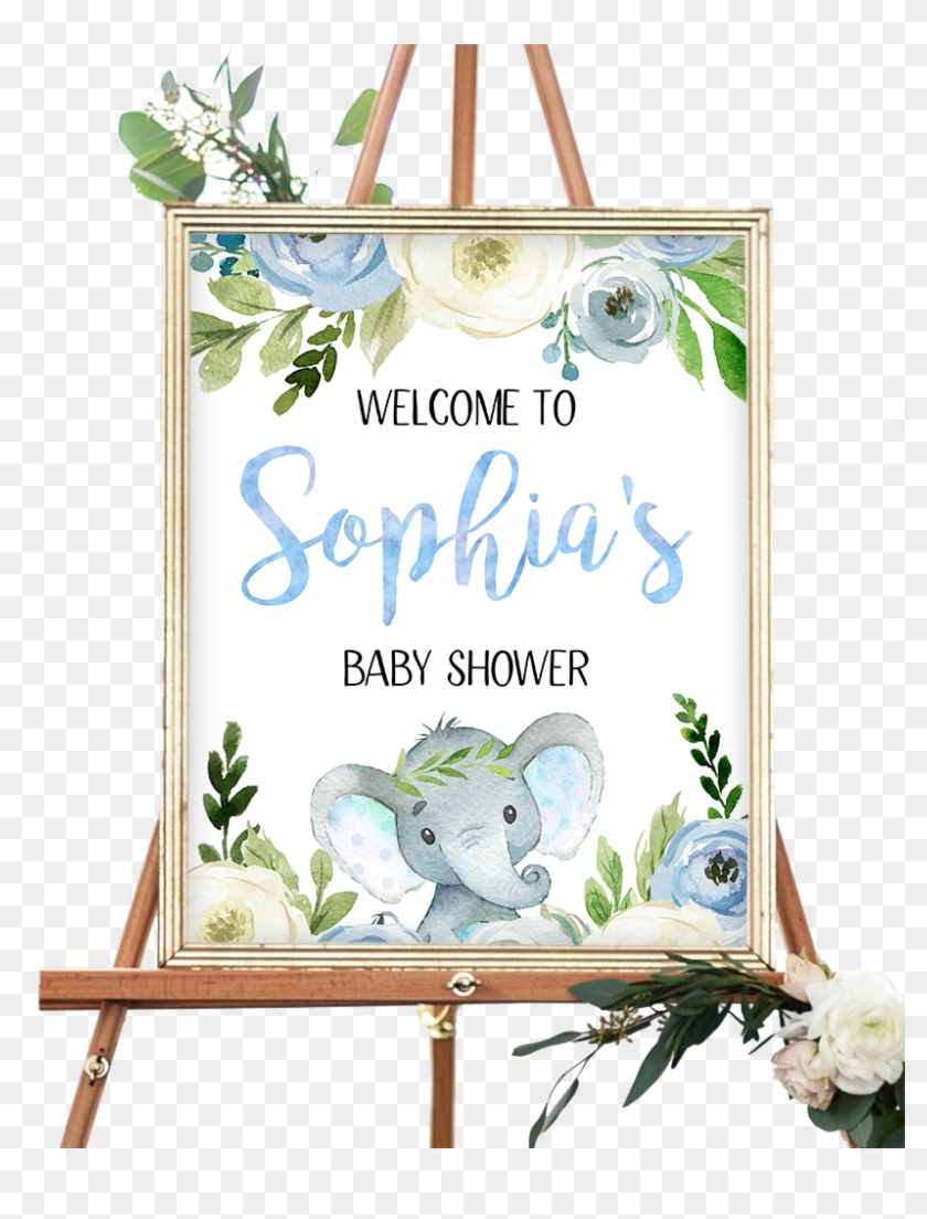 This Blue Floral Elephant Baby Shower Welcome Sign - Welcome Sign Baby Shower Elephant Clipart #2576832